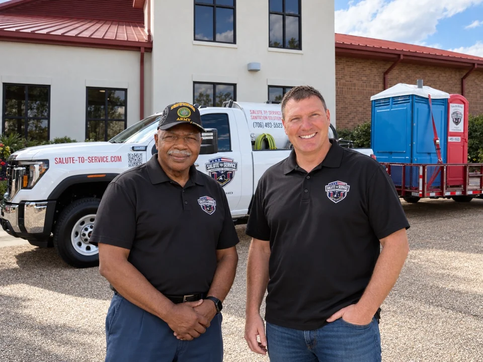 Edward Littrell and Lawrence Cooper Sr. beside an S2S service truck and portable restrooms.