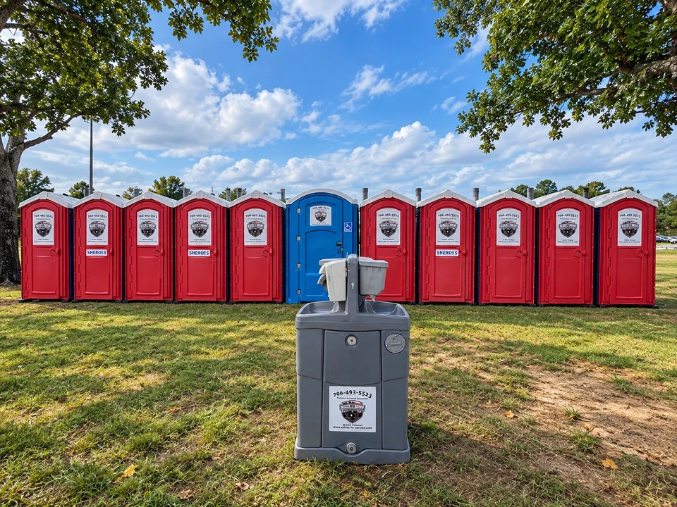 Company portable restrooms arranged on a grassy field.