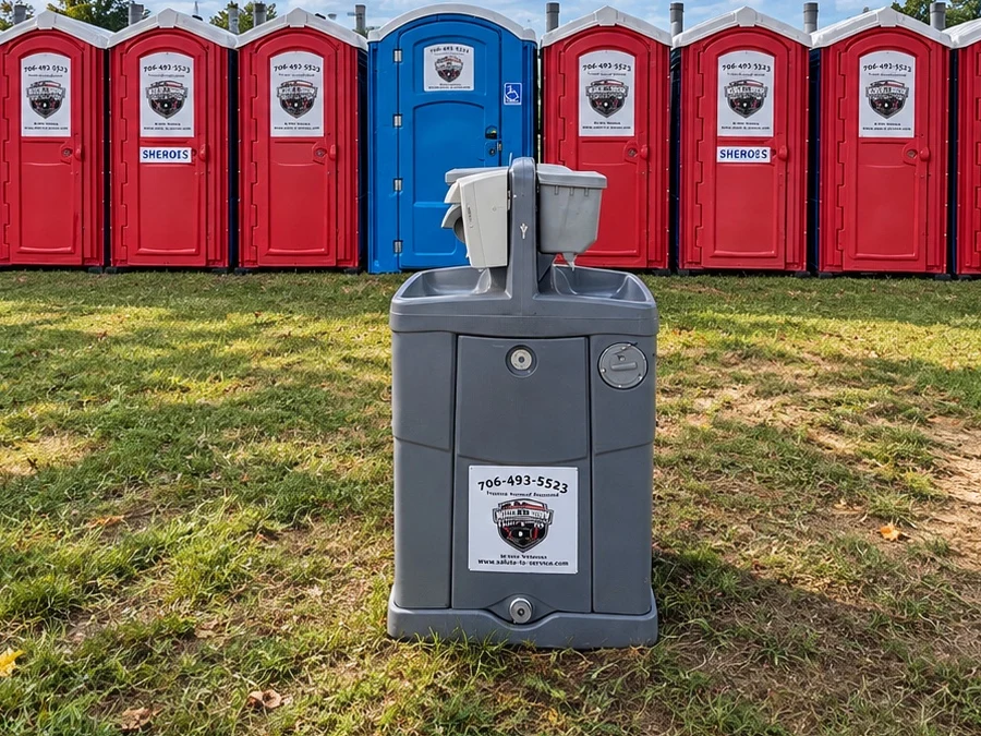 An authentic handwashing station in front of company restrooms.