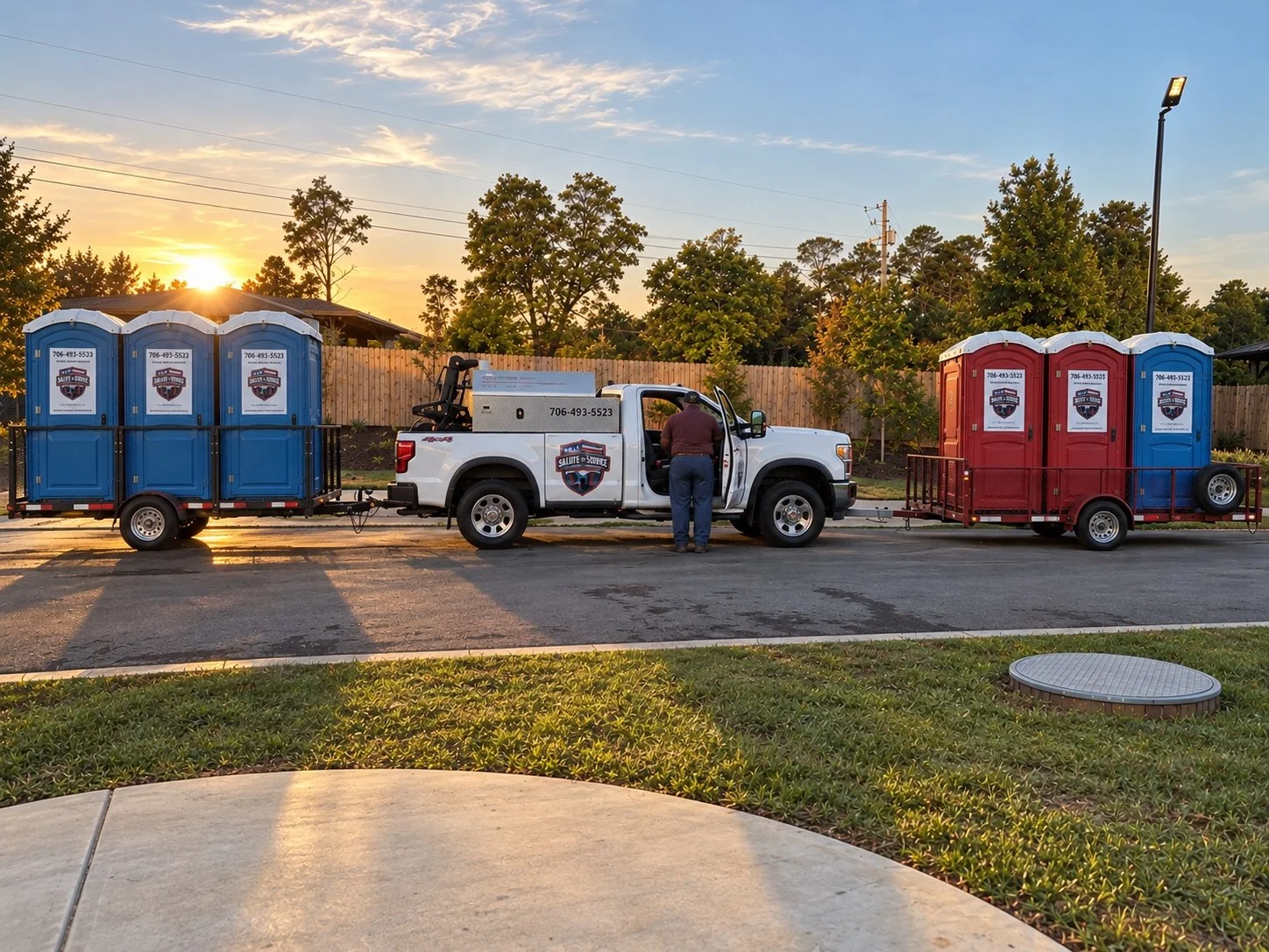 Salute to Service truck and restroom trailers at sunset